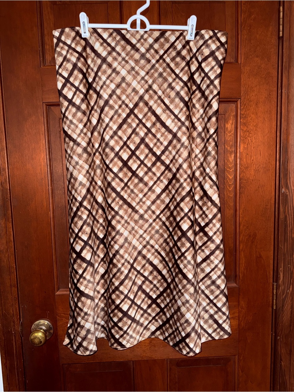 LOFT Outlet Plaid Midi Skirt Brown Tan Cream XL